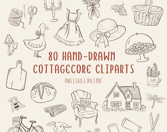 Hand-Drawn Cottagecore Clipart Set | Vintage Cozy Doodles | PNG SVG PDF Commerical Use