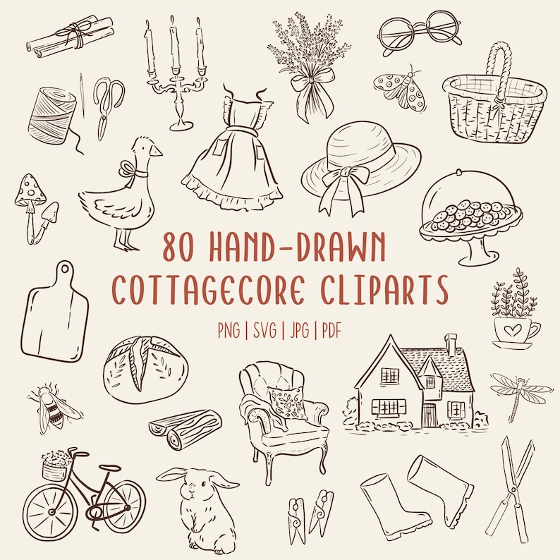 Hand-drawn cottagecore clipart set featuring vintage floral elements, cottage house, dress, basket, teapot, sun hat, jam jar, candles, gardening tools, bicycle, cozy home items, and cute animals in black line art style.