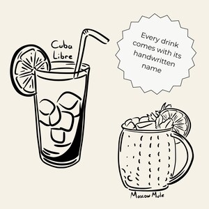 Hand-drawn cocktail clipart set featuring 15 classic drinks with detailed line art and handwritten names, perfect for bar menus, invitations, and wall art.