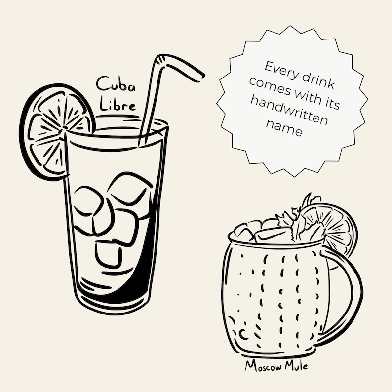 Hand-drawn cocktail clipart set featuring 15 classic drinks with detailed line art and handwritten names, perfect for bar menus, invitations, and wall art.