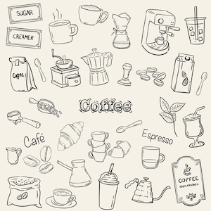 Hand-drawn coffee clipart set with line art coffee cups, espresso tools, moka pot, grinder, coffee beans and cafe elements, doodle illustrations.