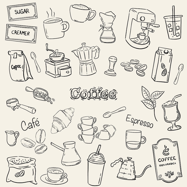 Hand-drawn coffee clipart set with line art coffee cups, espresso tools, moka pot, grinder, coffee beans and cafe elements, doodle illustrations.