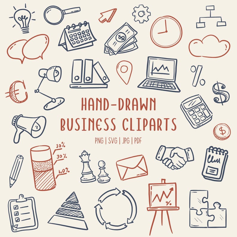 Hand-drawn business clipart set featuring laptop, charts, money icons, calendar, globe, light bulb, briefcase, and more office doodles.