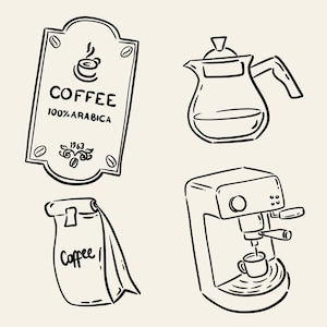 Hand-drawn coffee clipart set with line art coffee cups, espresso tools, moka pot, grinder, coffee beans and cafe elements, doodle illustrations.