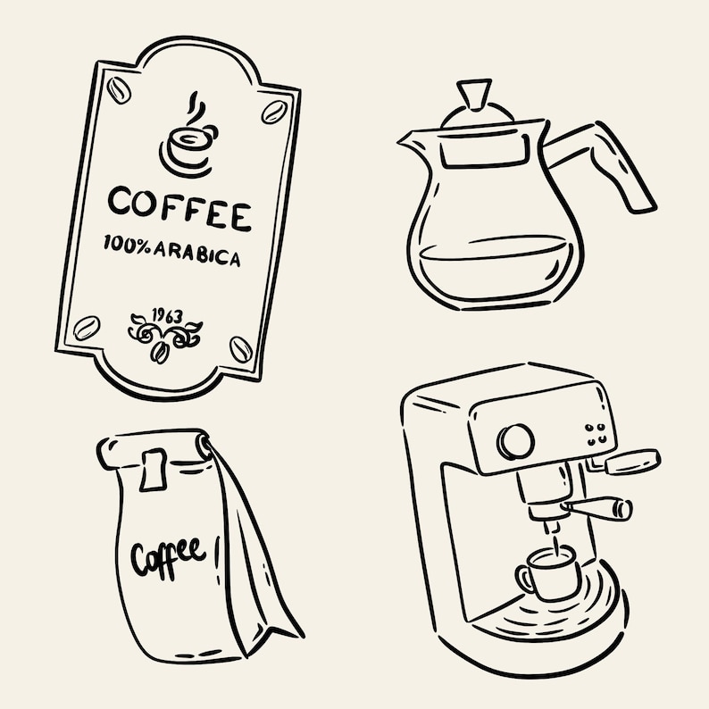 Hand-drawn coffee clipart set with line art coffee cups, espresso tools, moka pot, grinder, coffee beans and cafe elements, doodle illustrations.