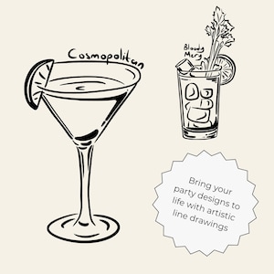Hand-drawn cocktail clipart set featuring 15 classic drinks with detailed line art and handwritten names, perfect for bar menus, invitations, and wall art.