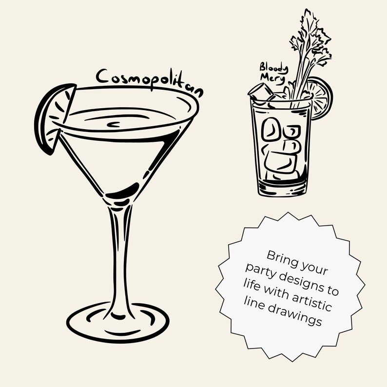 Hand-drawn cocktail clipart set featuring 15 classic drinks with detailed line art and handwritten names, perfect for bar menus, invitations, and wall art.