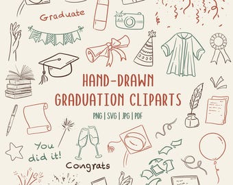 Ensemble d'images clipart dessinées à la main pour la remise des diplômes | Toques, diplômes, éléments de fête | PNG SVG PDF Usage commercial