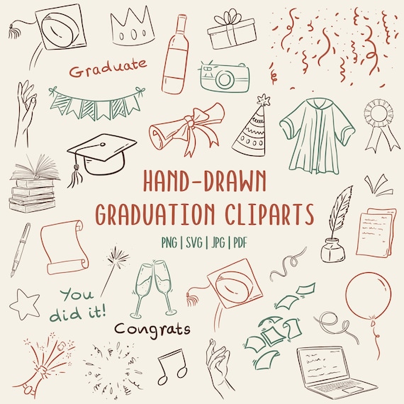 Hand Drawn Graduation Clipart Set | Caps, Diploma, Party Elements | PNG SVG PDF Commerical Use