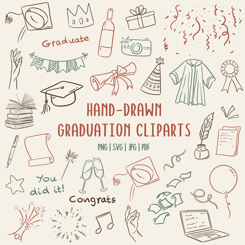 Hand drawn graduation clipart set with caps, diplomas, confetti and celebration elements
