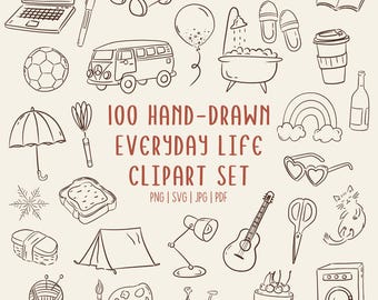 Hand-Drawn Doodle Cliparts | 100 Everyday Life Icons | Commerical Use (SVG PNG PDF)