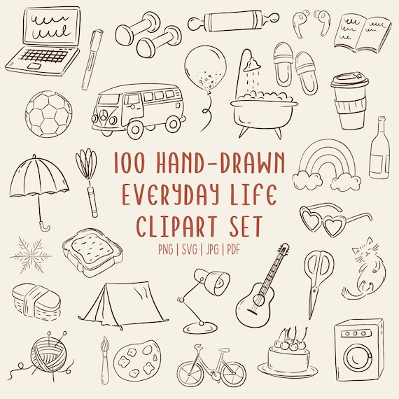Hand-Drawn Doodle Cliparts | 100 Everyday Life Icons | Commerical Use (SVG PNG PDF)