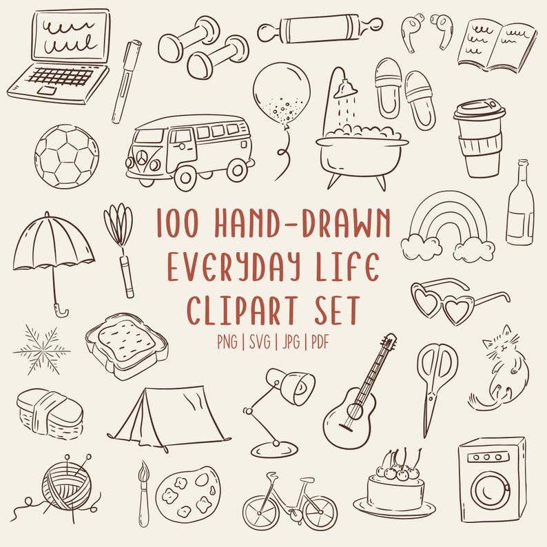 100 hand-drawn everyday life cliparts featuring cute doodle-style illustrations of daily objects like coffee, books, travel, food, plants, and cozy home items. Perfect for planners, stickers, and digital projects.
