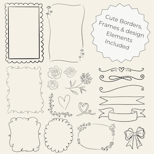 Hand-drawn cottagecore clipart set featuring vintage floral elements, cottage house, dress, basket, teapot, sun hat, jam jar, candles, gardening tools, bicycle, cozy home items, and cute animals in black line art style.