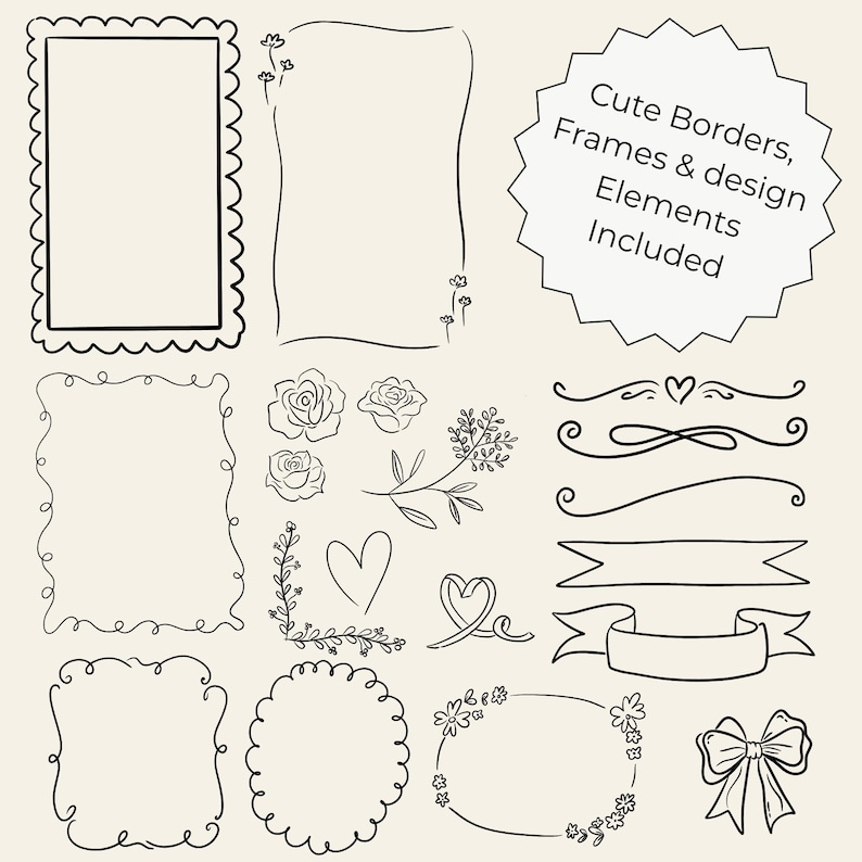Hand-drawn cottagecore clipart set featuring vintage floral elements, cottage house, dress, basket, teapot, sun hat, jam jar, candles, gardening tools, bicycle, cozy home items, and cute animals in black line art style.