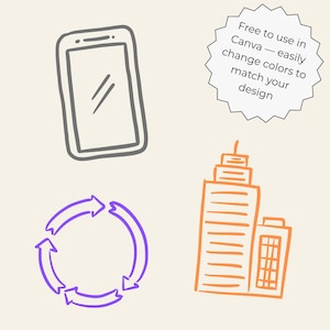 Hand-drawn business clipart set featuring laptop, charts, money icons, calendar, globe, light bulb, briefcase, and more office doodles.