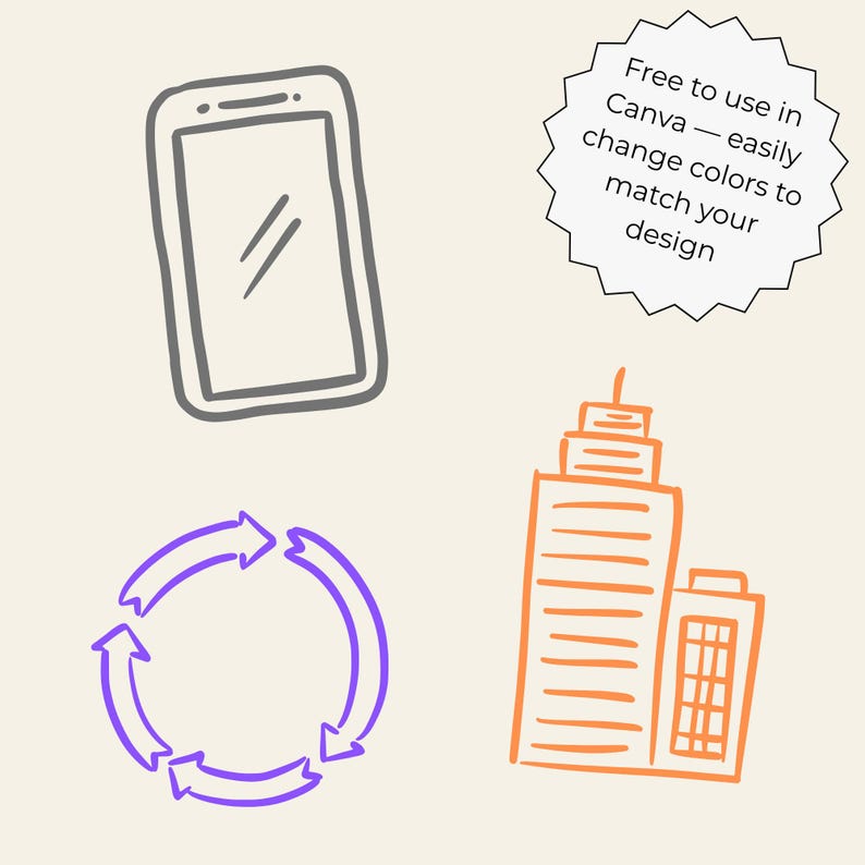 Hand-drawn business clipart set featuring laptop, charts, money icons, calendar, globe, light bulb, briefcase, and more office doodles.