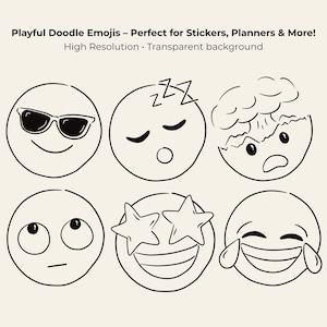 Hand-drawn doodle emoji clipart set featuring 55 cute and expressive faces in PNG, SVG, JPG, and PDF formats. Perfect for stickers, planners, journals, scrapbooking, and Cricut crafts.
