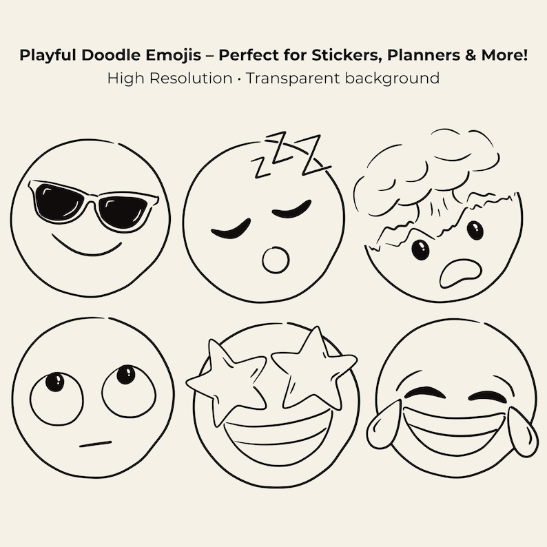 Hand-drawn doodle emoji clipart set featuring 55 cute and expressive faces in PNG, SVG, JPG, and PDF formats. Perfect for stickers, planners, journals, scrapbooking, and Cricut crafts.