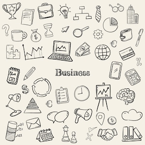 Hand-drawn business clipart set featuring laptop, charts, money icons, calendar, globe, light bulb, briefcase, and more office doodles.