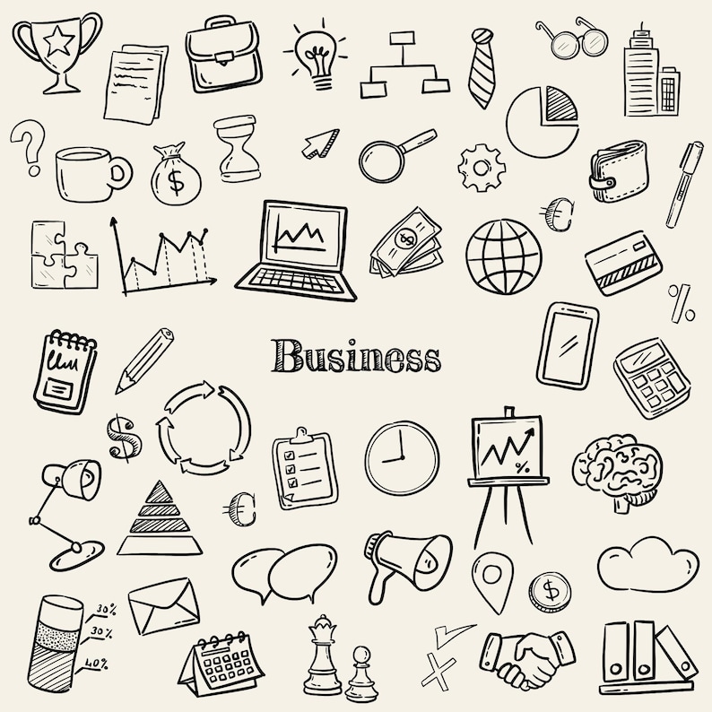 Hand-drawn business clipart set featuring laptop, charts, money icons, calendar, globe, light bulb, briefcase, and more office doodles.