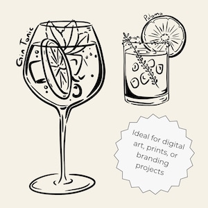 Hand-drawn cocktail clipart set featuring 15 classic drinks with detailed line art and handwritten names, perfect for bar menus, invitations, and wall art.