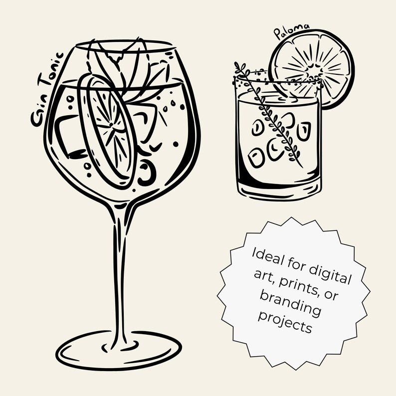 Hand-drawn cocktail clipart set featuring 15 classic drinks with detailed line art and handwritten names, perfect for bar menus, invitations, and wall art.
