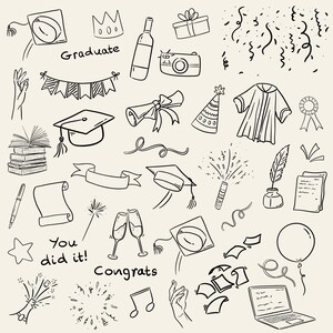 Hand drawn graduation clipart set with caps, diplomas, confetti and celebration elements