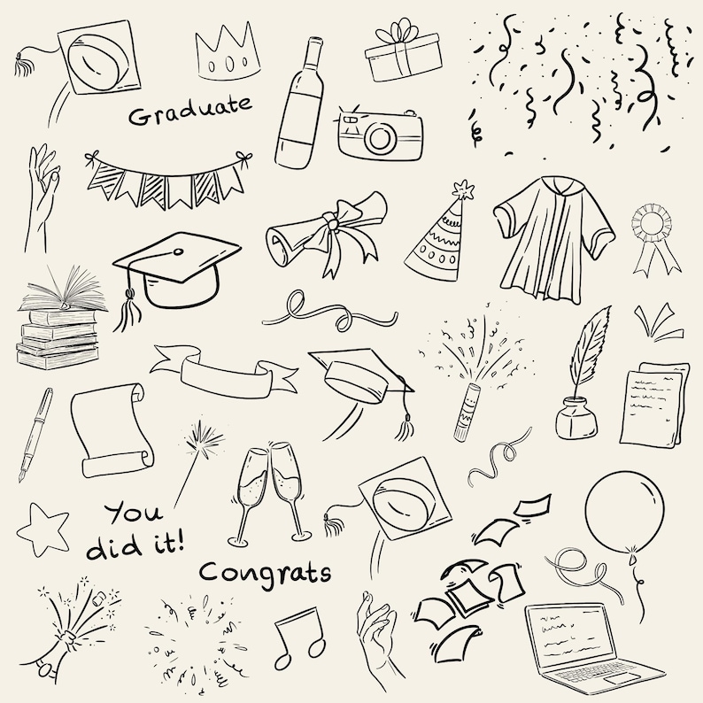 Hand drawn graduation clipart set with caps, diplomas, confetti and celebration elements