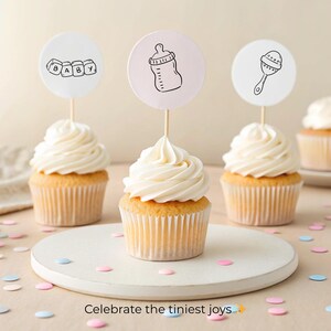 Minimal hand-drawn baby doodle clipart set featuring cute baby elements like bottles, pacifiers, onesies, toys, clouds, and stars. Perfect for baby shower invitations, gender reveal designs, nursery wall art, and printable projects.