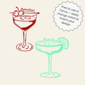 Hand-drawn cocktail clipart set featuring 15 classic drinks with detailed line art and handwritten names, perfect for bar menus, invitations, and wall art.