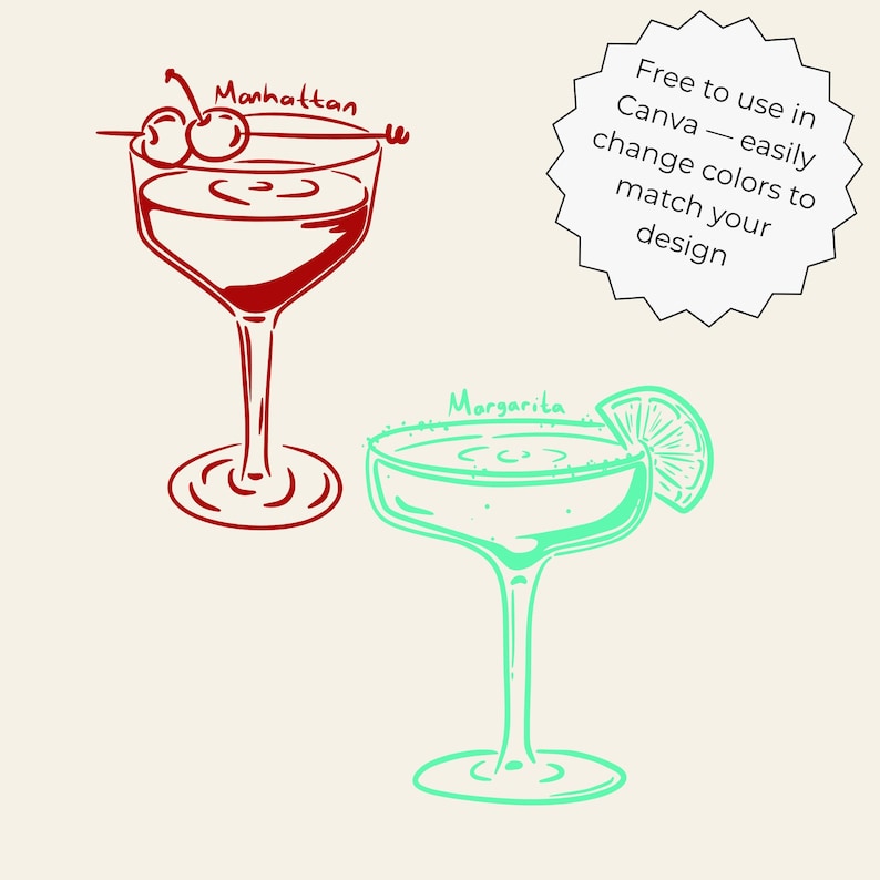 Hand-drawn cocktail clipart set featuring 15 classic drinks with detailed line art and handwritten names, perfect for bar menus, invitations, and wall art.