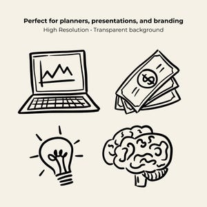 Hand-drawn business clipart set featuring laptop, charts, money icons, calendar, globe, light bulb, briefcase, and more office doodles.