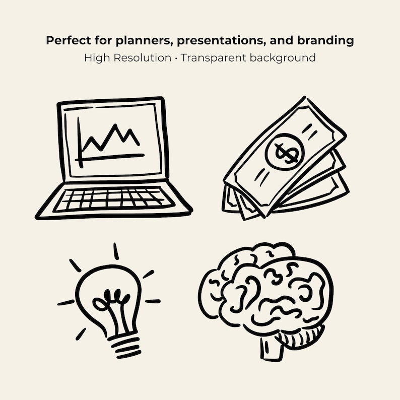 Hand-drawn business clipart set featuring laptop, charts, money icons, calendar, globe, light bulb, briefcase, and more office doodles.