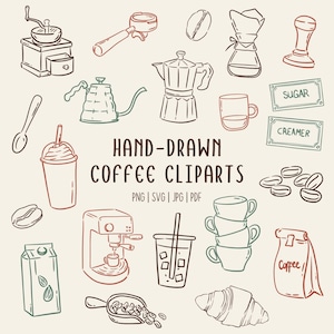 Hand-Drawn Coffee Clipart Set, Coffee Line Art Illustrations| PNG SVG PDF | Commerical Use