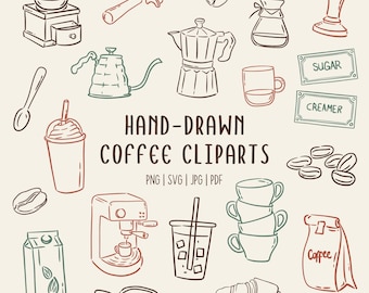 Hand-Drawn Coffee Clipart Set, Coffee Line Art Illustrations| PNG SVG PDF | Commerical Use