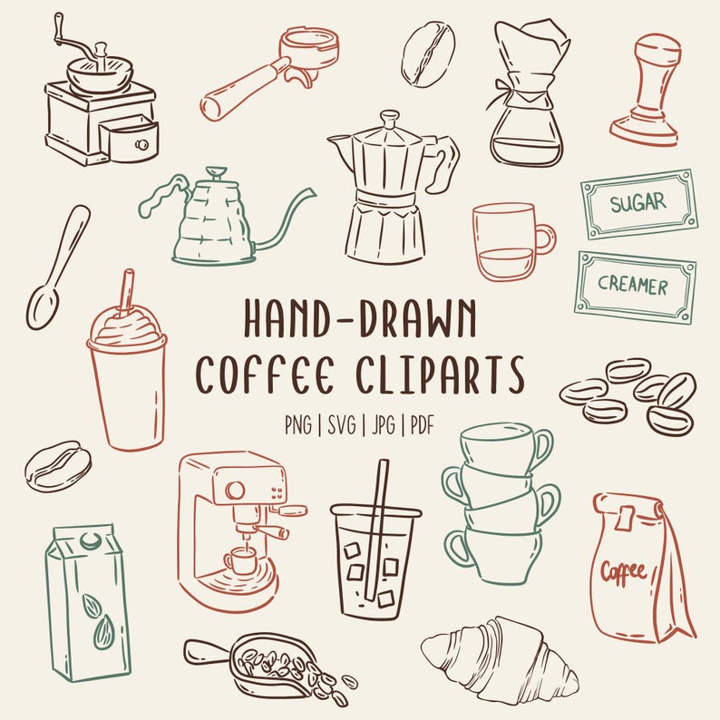 Hand-drawn coffee clipart set with line art coffee cups, espresso tools, moka pot, grinder, coffee beans and cafe elements, doodle illustrations.