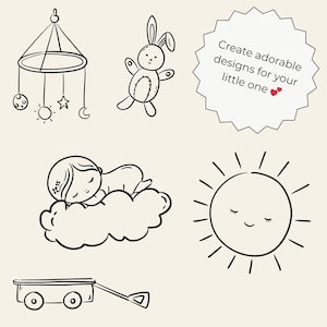 Minimal hand-drawn baby doodle clipart set featuring cute baby elements like bottles, pacifiers, onesies, toys, clouds, and stars. Perfect for baby shower invitations, gender reveal designs, nursery wall art, and printable projects.