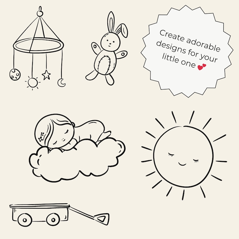 Minimal hand-drawn baby doodle clipart set featuring cute baby elements like bottles, pacifiers, onesies, toys, clouds, and stars. Perfect for baby shower invitations, gender reveal designs, nursery wall art, and printable projects.