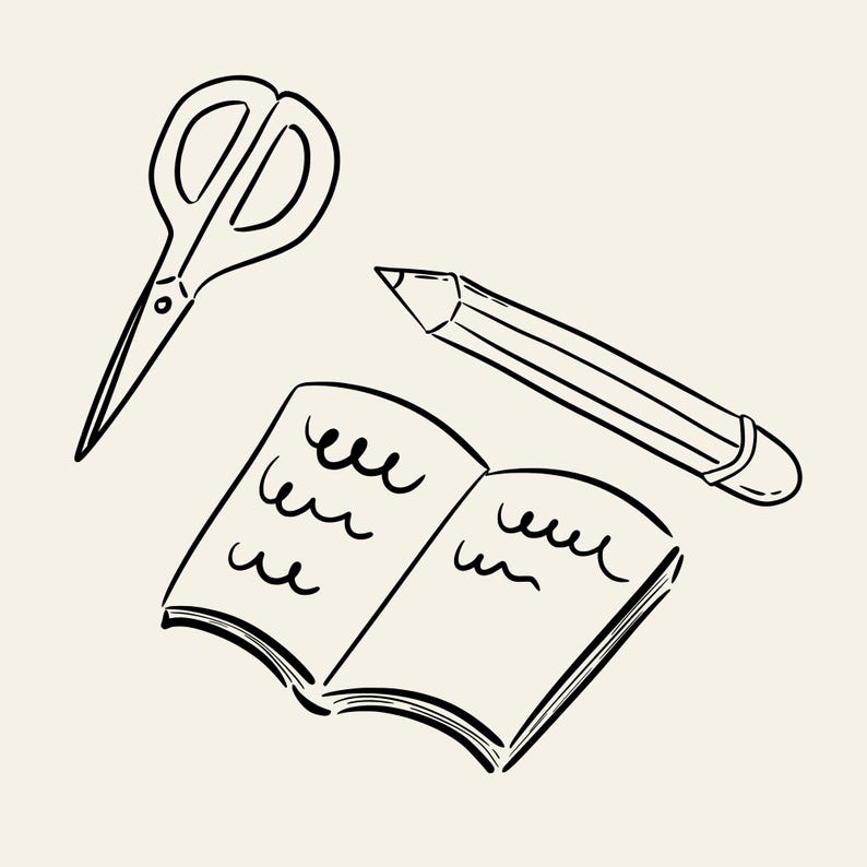 100 hand-drawn everyday life cliparts featuring cute doodle-style illustrations of daily objects like coffee, books, travel, food, plants, and cozy home items. Perfect for planners, stickers, and digital projects.