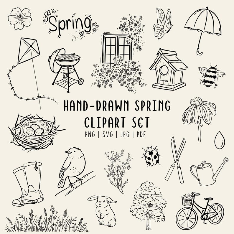 Hand Drawn Spring Clipart Set | Minimal Floral & Nature Line Art | PNG ...