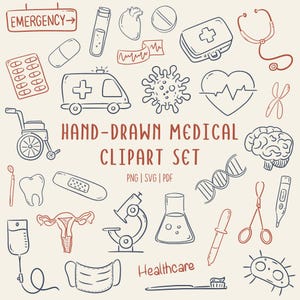 Iconos médicos dibujados a mano / Dibujos de atención médica / PNG SVG PDF / Uso comercial