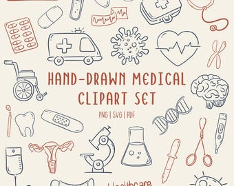 Handgetekende medische clipart-pictogrammen | Gezondheidszorgdoodles | PNG SVG-PDF | Commercieel gebruik