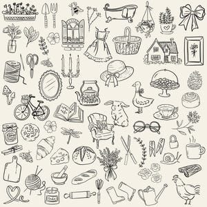 Hand-drawn cottagecore clipart set featuring vintage floral elements, cottage house, dress, basket, teapot, sun hat, jam jar, candles, gardening tools, bicycle, cozy home items, and cute animals in black line art style.