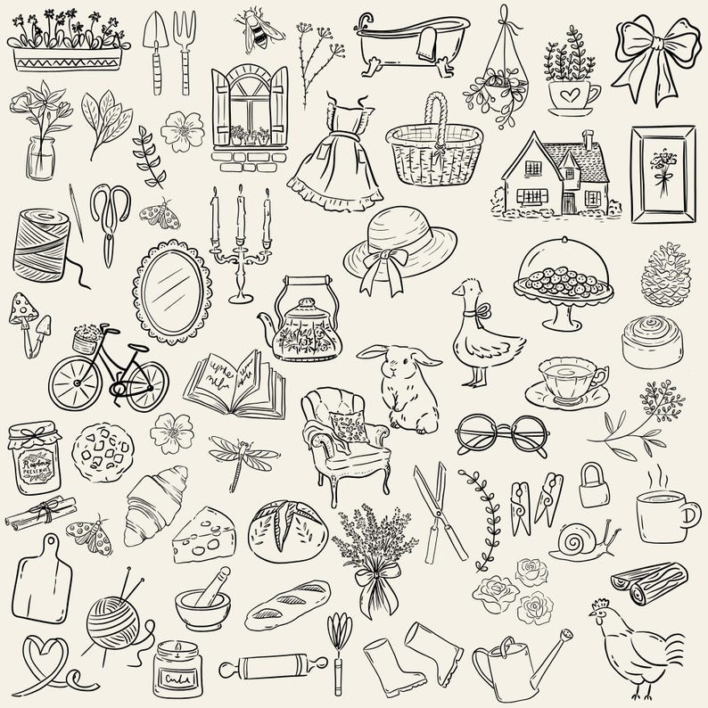Hand-drawn cottagecore clipart set featuring vintage floral elements, cottage house, dress, basket, teapot, sun hat, jam jar, candles, gardening tools, bicycle, cozy home items, and cute animals in black line art style.