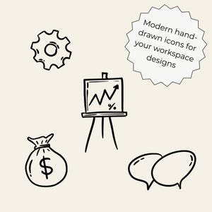 Hand-drawn business clipart set featuring laptop, charts, money icons, calendar, globe, light bulb, briefcase, and more office doodles.