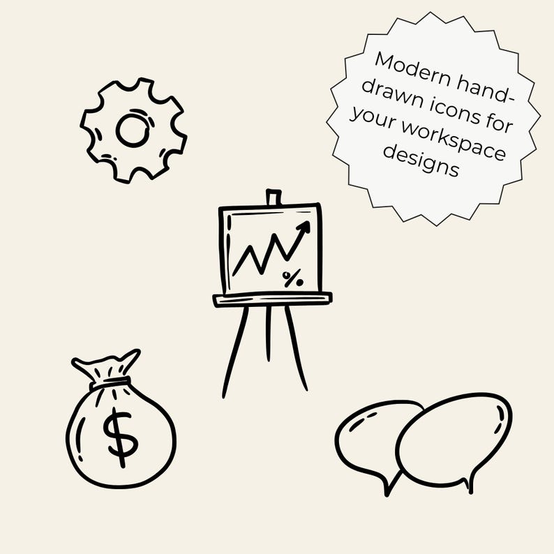 Hand-drawn business clipart set featuring laptop, charts, money icons, calendar, globe, light bulb, briefcase, and more office doodles.