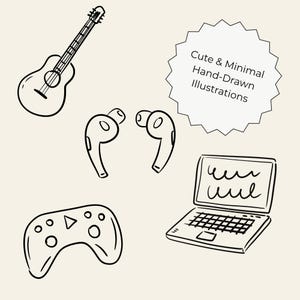 100 hand-drawn everyday life cliparts featuring cute doodle-style illustrations of daily objects like coffee, books, travel, food, plants, and cozy home items. Perfect for planners, stickers, and digital projects.