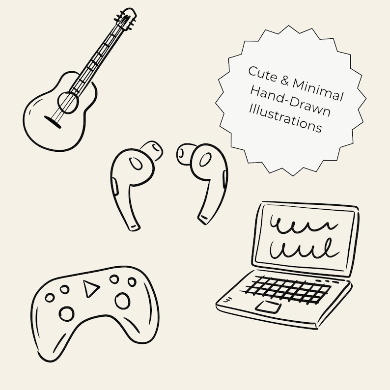 100 hand-drawn everyday life cliparts featuring cute doodle-style illustrations of daily objects like coffee, books, travel, food, plants, and cozy home items. Perfect for planners, stickers, and digital projects.