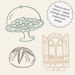 Hand-drawn cottagecore clipart set featuring vintage floral elements, cottage house, dress, basket, teapot, sun hat, jam jar, candles, gardening tools, bicycle, cozy home items, and cute animals in black line art style.